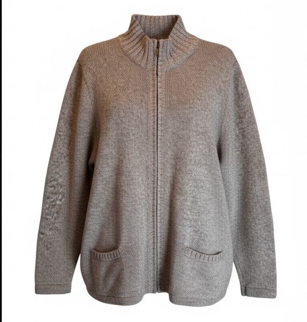 LL Bean Zip Front Cardigan 2X Gray Heathered Cotton Sweater Jacket